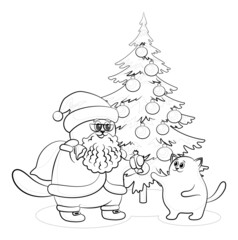 Naklejka premium Christmas Cartoon, Cat Santa Claus Gives Candy to a Kitten near the Christmas Tree, Black Contours Isolated on White Background. Vector