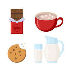 Sweet Snacks Collection. Flat Style. Chocolate, Coockie, Cacaoand Milk. Winter Goodies Icons Set for logo, label; sticker, print, recipe, menu decor and decoration