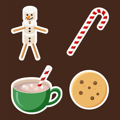 Christmas Sweets Stickers Set. Cookie, Cacao, Marshmallow Snowman and cristmas candy. Winter Goodies Set for Greeting and Invitation Design and decoration