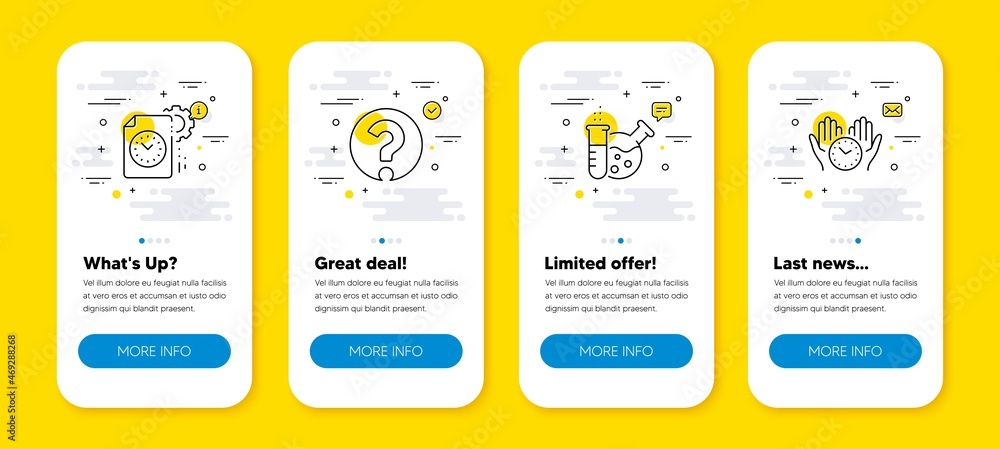 Aufkleber vector set of question mark, chemistry lab and project deadline line icons set. ui phone app screens