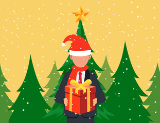 Business man in Santa Claus hat giving gift box.Christmas celebration and new year concept
