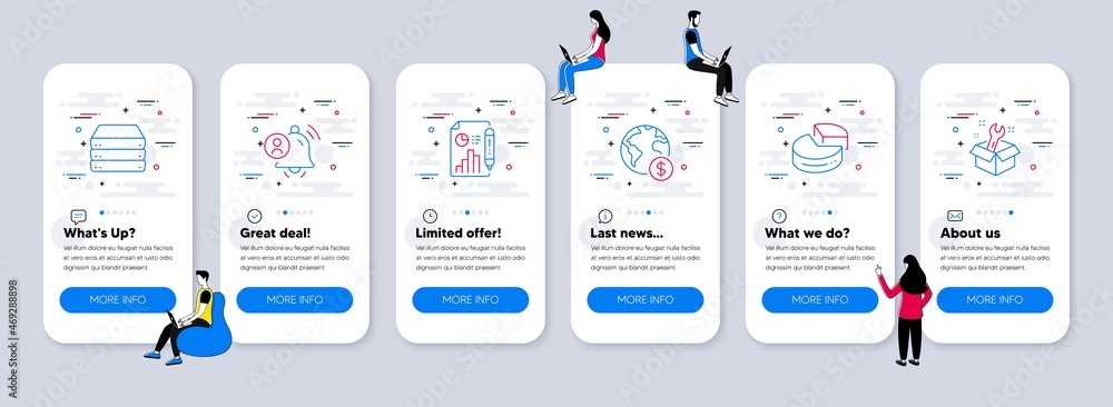 Aufkleber technology icons set. ui phone app screens with teamwork. included icon as report document, pie char