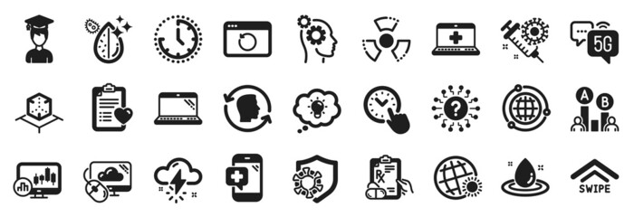 Set of Science icons, such as Laptop, Energy, Coronavirus icons. Time, Patient history, Swipe up signs. Medical help, Ab testing, Augmented reality. Time management, Prescription drugs. Vector