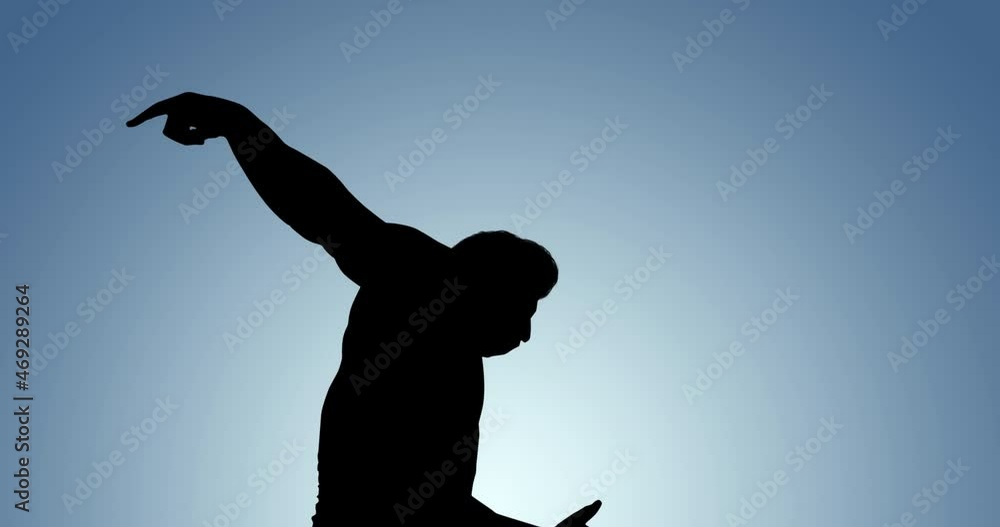 Poster Animation of silhouette of male runner jumping hurdle on blue background