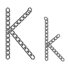 The uppercase and lowercase letter K is made of realistic metallic-colored chains. Isolated on a white background. Vector illustration.