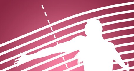 Animation of silhouette of female runner finishing race over running lanes marked on pink background