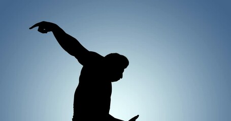 Animation of silhouette of male runner jumping hurdle on blue background