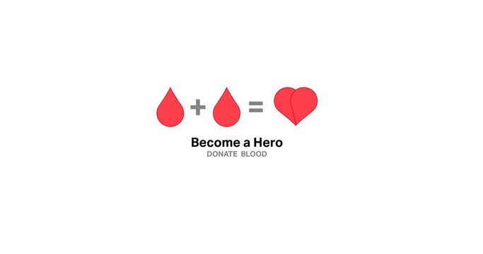 Animation of become a hero donate blood text with two drops making heart logo, on white background