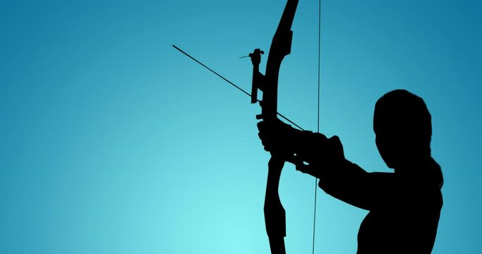 Animation of target and silhouette of female archer using bow on blue background