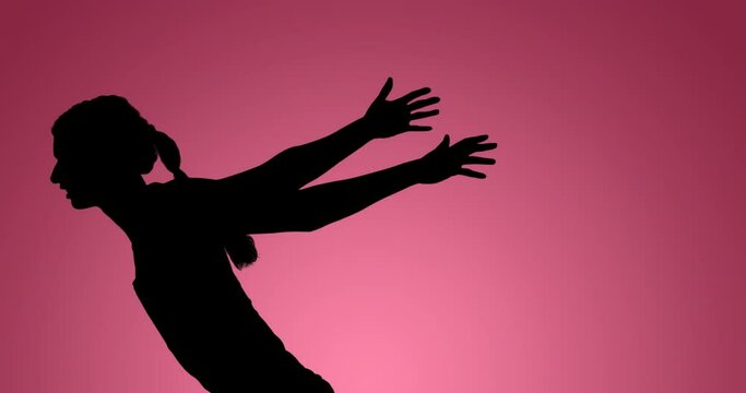 Animation of silhouette of female runner finishing race on pink background - Powered by Adobe