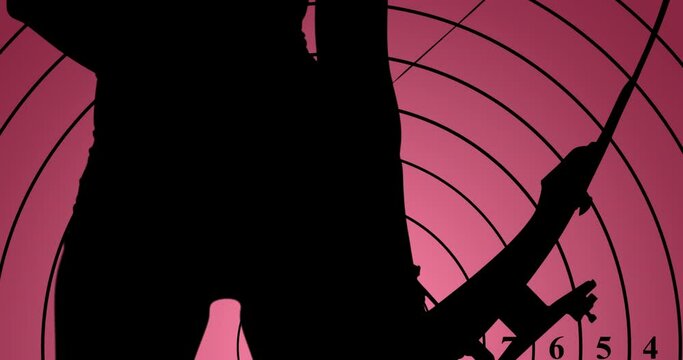 Animation of target and silhouette of female archer holding bow on pink background