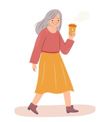 Modern grandma on a walk with coffee to go. Cute old woman in colorful clothes. Flat vector illustration of senior lady