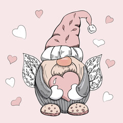 A hand-drawn gnome for valentine's day. The Scandinavian gnome isolated on the pink background. Vintage vector illustration.