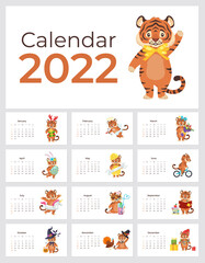 Vector cartoon 2022 calendar template with cute tiger