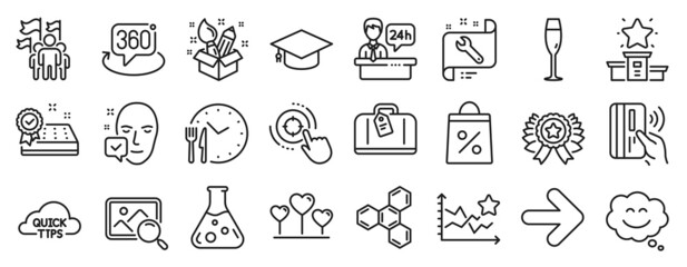 Set of Business icons, such as 360 degree, Reception desk, Face accepted icons. Spanner, Champagne glass, Love heart signs. Winner podium, Ranking stars, Smile chat. Creativity, Quick tips. Vector