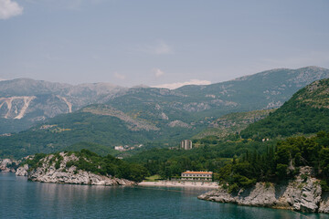 View from the island of Sveti Stefan on the beach of Villa Milocer
