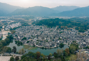 Fototapeta premium Aerial panoramic view of Anhui Hongcun