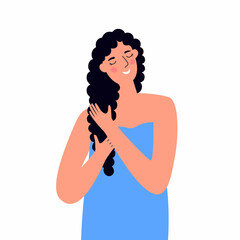 A young girl is styling her wet curly hair. The concept of the curly girl method CGM. The stage of the curly hair care process. Love of wavy hair.Vector illustration isolated on a white background.