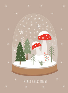 Vector illustration of Christmas Snow Globe with winter landscape, trees and amanita mushrooms 