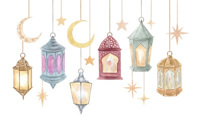 Lantern. Watercolor Ramadan clipart. - 469290859