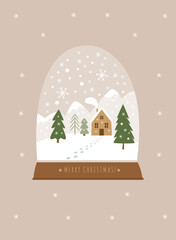 Vector illustration of Christmas Snow Globe with winter landscape, trees and house - 469291036