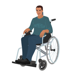Fototapeta na wymiar A young white man in a T-shirt and blue trousers is sitting in a wheelchair. Disability and independent movement