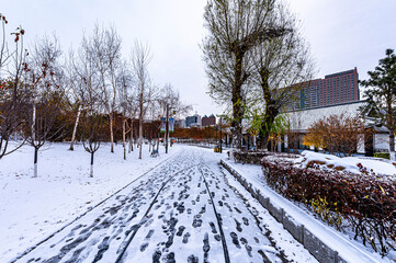 Fototapeta na wymiar First Snow in Early Winter - Winter Scenery of Deyuan Theme Park, Changchun, China