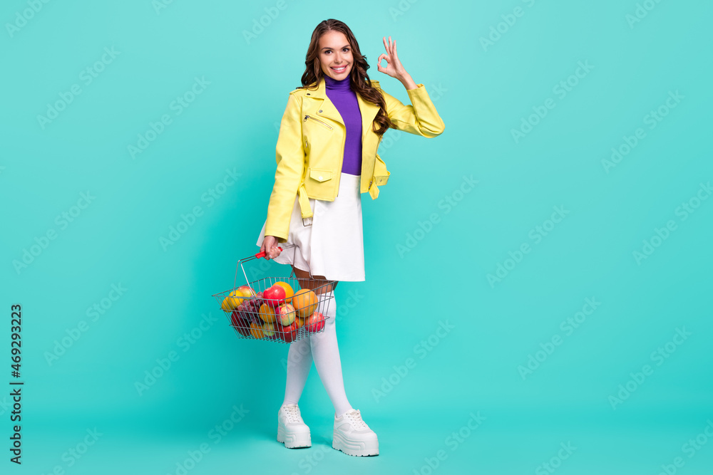 Sticker Full length photo of young woman customer shopping show okey symbol advice isolated over turquoise color background