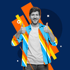 Contemporary art collage of man showing delightful like gesture isolated over blue background with multicolored geometric figures design