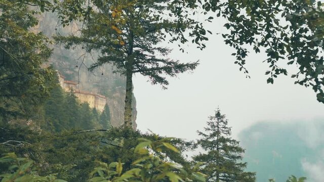 Soumela Monastery in Trabzon Aerial View. Museum of Religious History in a Monastery at Mel&aacute; Mountain within the Pontic Mountains range, in Trabzon Turkey 4K