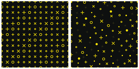 Set of vector abstract patterns. Geometric pattern of golden pluses, zeroes, circles and rings on a black background. Unique, stylish background. 