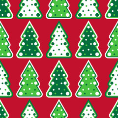 Seamless pattern with christmas trees. Colorful xmas trees on red background with dots. Cute wrapper paper, wallpapers, textile prints. Vector illustration