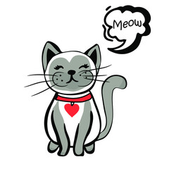 Cute cat says meow.  Vector illustration in doodle style.