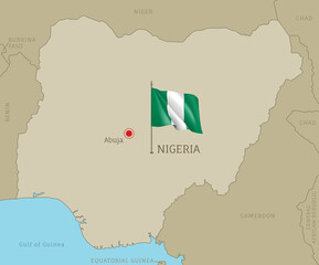 Highly detailed Nigerian map with flag and labelings. Editable gray map of Nigeria with region borders, neighboring countries, national waving flag and Abuja capital city vector illustration