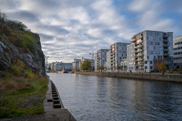 View over the pier Hammarby sjöstad with apartment house at the water front seen from the bascule...