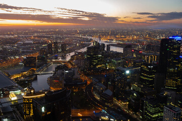 Melbourne, Australia City at Night during sunset with city lights