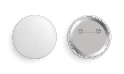 White blank round glossy metallic 3d pin button. Front and back side of badge for branding, advertising and promotion realistic vector illustration. Tamplate for design.