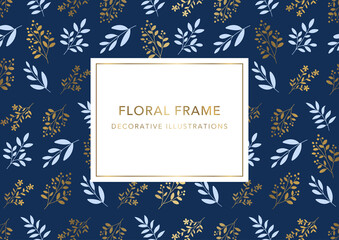 Floral Decorative Frame, Gold and White Plant Illustrations on Navy Background