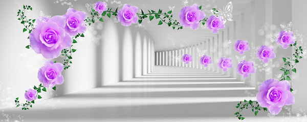 a light gray corridor stretching into the distance with pink flowers © Екатерина Фефелова