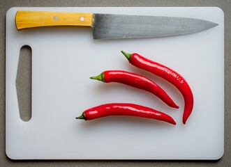 cutting board with a knife and three red hot chili peppers