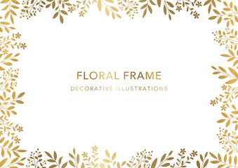 Floral Frame, Decorative Template, Golden Plant on White Background