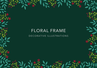 Floral Frame, Decorative Template, Leaves and Flower on Green Background