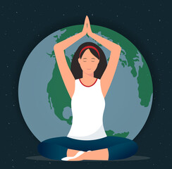 Young woman sitting in lotus yoga pose on space background, healthy lifestyle concept, flat vector illustration