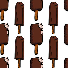 Hand drawn seamless pattern of Ice cream in sketch style. Dessert isolated on white background.