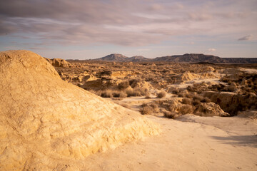 red sunset in Bardenas Reales desert in Navarre, Spain