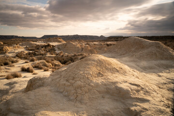 red sunset in Bardenas Reales desert in Navarre, Spain