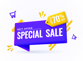 Special Sale 3D banner for promotion and discount, marketing. Beat offer. Discount Up to 70%. This weekend only. Web button, modern design. Explosion of discounts