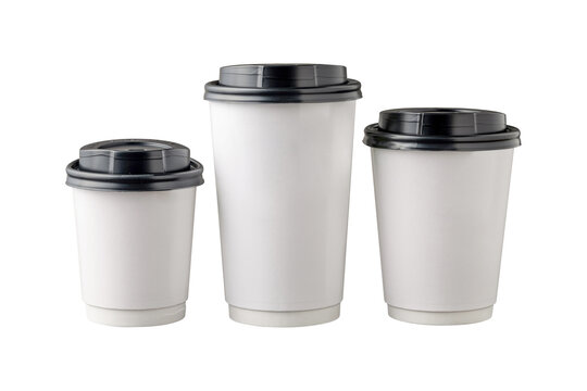 Three different sizes of white takeaway paper cups with black plastic lids isolated on white background.