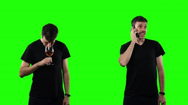 Man Drinking Wine In Phone Conversation On Green Screen Background. Man with a mustache drinking a glass of wine and talking on the phone on a green screen background
