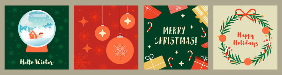 Merry Christmas, Happy New year, Winter holidays greeting cards collection. Trendy square art templates with snow glob, gift boxes and xmas decor. Snowflake vector illustration